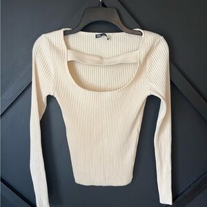 Zara Cream Ribbed Square-Neck Long Sleeve Top